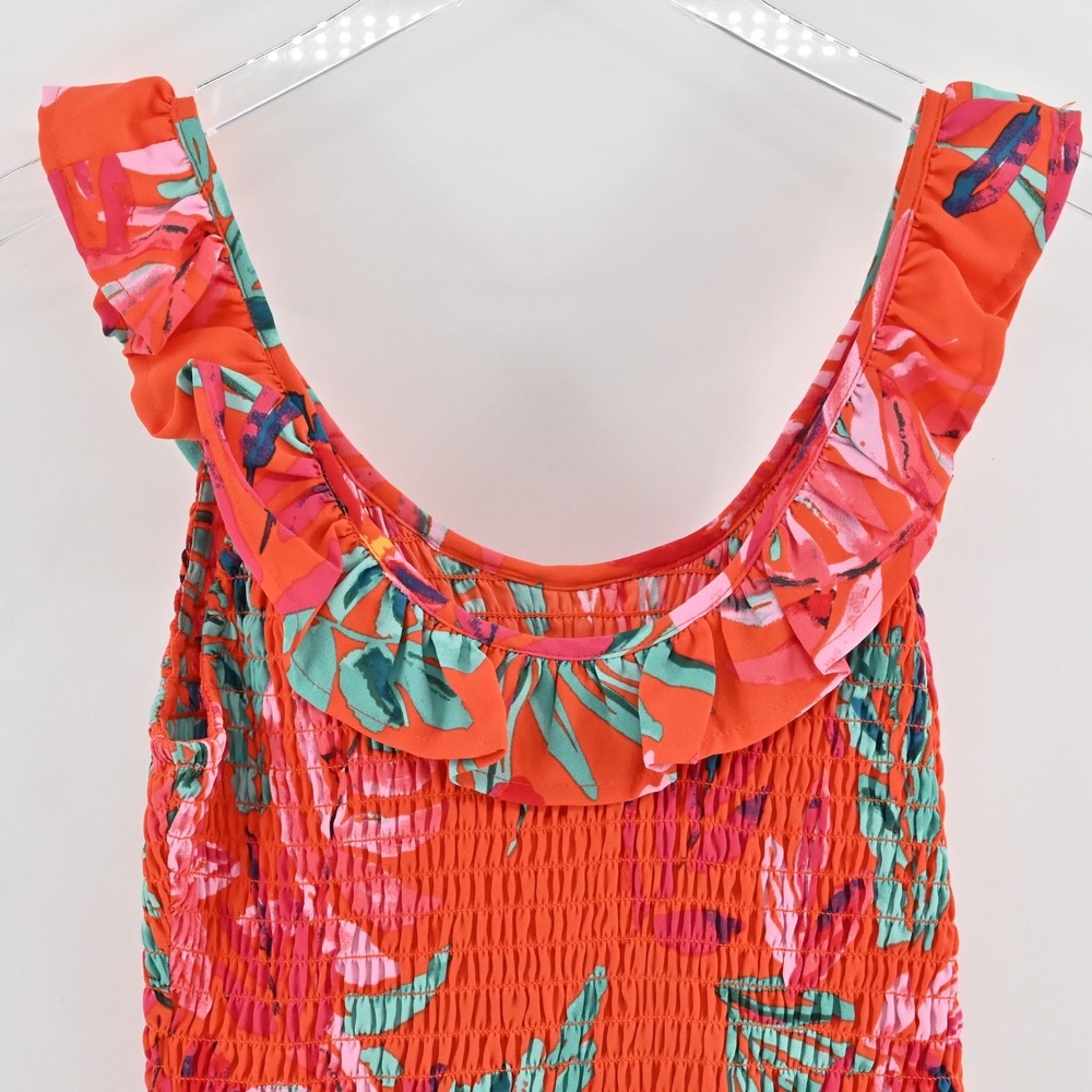 Sugar Lips Floral Smocked Ruffle Top Size S Tropical Vacation Sleeveless Orange - Picture 11 of 13